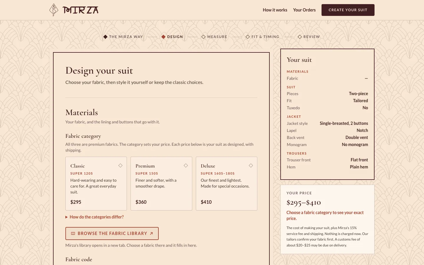 Mirza's suit designer, with fabric categories and prices beside a running summary of the suit and its price.